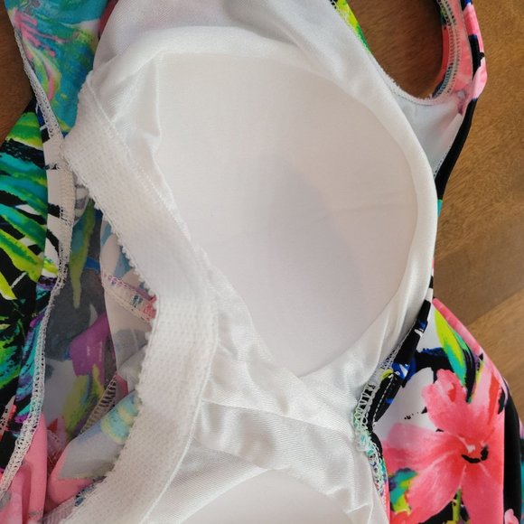 Maxine Hollywood Vintage 16 Bathing Suit 1 Pc Swim Tropical Pink Purple Floral T - Picture 5 of 8